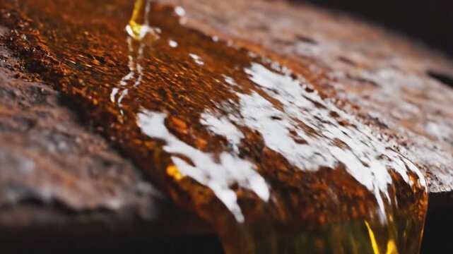 Rich golden liquid slowly pours onto textured surface, creating a decadent visual feast for food and beverage advertising.