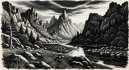 Black and White Mountain Landscape Illustration