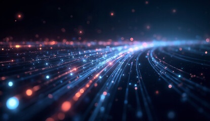 Glowing optical fibers represent digital communication and data transfer in modern networks.