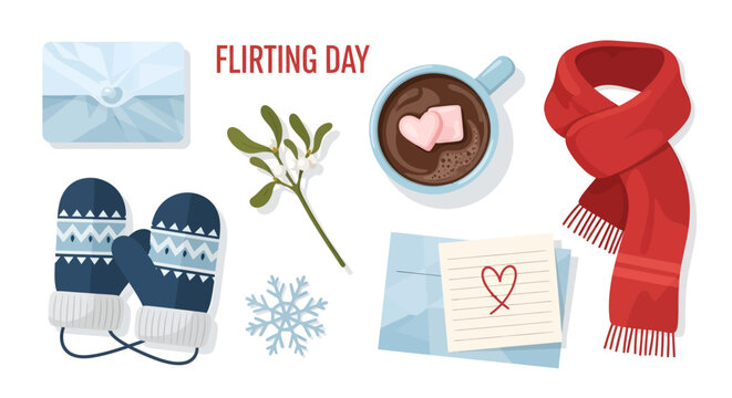 A collection of winter and romance themed items including mittens, scarf, hot chocolate, mistletoe, and love letters, with "FLIRTING DAY" text.