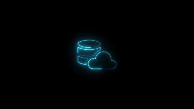 Glowing neon blue outline of a database cylinder and a cloud icon, representing digital data storage, cloud computing, and modern technology infrastructure solutions