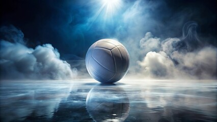 Fototapeta premium A lone volleyball rests on a reflective, misty surface, illuminated by a single beam of light, creating a dramatic and mysterious atmosphere.