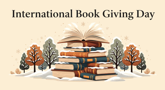 An illustration for International Book Giving Day featuring a tall stack of books with an open book on top, set in a snowy landscape with bare trees.
