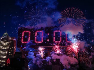 Midnight Celebration Fireworks Explode as Digital Clock Hits Zero