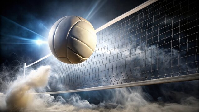 Dynamic Volleyball Action A Leather Sphere Soaring Through the Air, About to Make Contact with the Net, Capturing the Essence of Competitive Sport