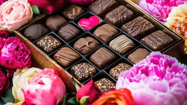 Video A box of assorted chocolates placed on a table alongside a bouquet of fresh flowers