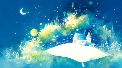 メルヘンチックな星空を背景に白い枕の上の草原と家のイラスト