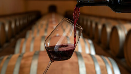 Red wine being poured into a glass with wine barrels stacked in the background in a winery cellar