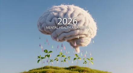 Mental Health concept shows cloud brain with pastel raindrops nourishing plant growth, for health campaigns, posters.