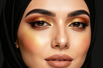 Beauty Arab Woman Face Cosmetic Portrait with Golden Eyeshadow