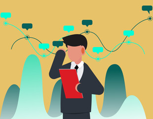 Investment strategy and economic analysis. Pensive businessman analyzes the fear and greed index on a stock market chart.