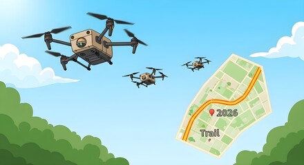 Drone Delivery Concept shows UAVs with Map against Blue Sky, good for advertising, technology presentations.