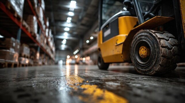 The interior of a busy warehouse showcases a yellow forklift on a wet floor, illuminated by overhead lights, emphasizing the importance of logistics and inventory management in a bustling environment