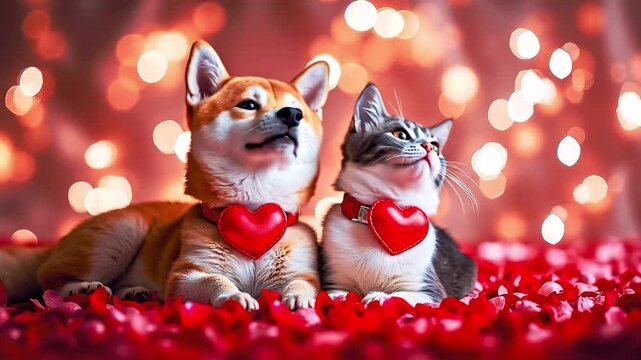 A dog and a cat laying on a bed of red rose petals