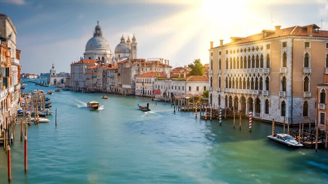 A man steers a boat gracefully through the turquoise waters of a bustling canal, flanked by charming historic buildings. The warm sun illuminates the scene, creating a dreamy atmos