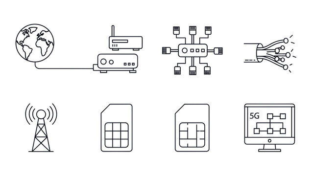 Line art icons depicting internet and network technology, including globe, router, fiber optics, antenna, SIM cards, and 5G network diagram.