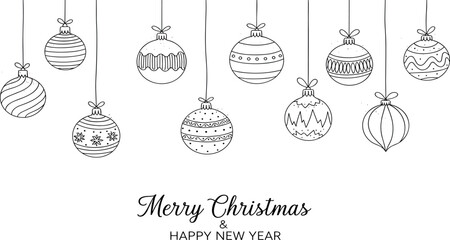 Hand-drawn Christmas ornaments with Merry Christmas and Happy New Year text