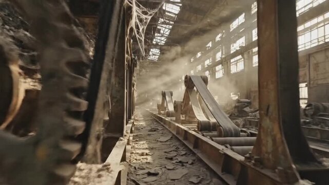Abandoned factory machinery rusting in dusty sunlight, evoking industrial decay and forgotten history