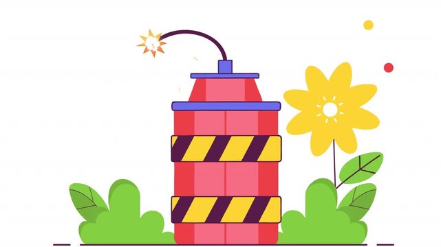 Cartoon bundle of dynamite in a garden. Animation of planted explosives, alpha channel. Cartoon