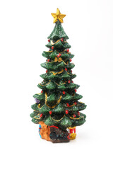 Green Christmas Tree with Gold Ornaments and Presents Isolated on White Background