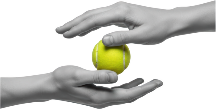Two Hands In Grayscale Gently Hold And Pass A Vibrant Yellow Tennis Ball Against A Stark Transparent Background Passing Holding Sport Game Competition Athlete - Powered by Adobe
