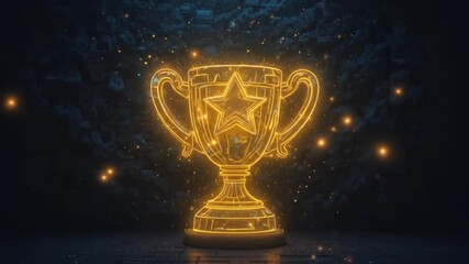 Gold winner trophy with falling confetti ribbons. First place trophy prize, champion award, best success achievement in sports competition. 4k video