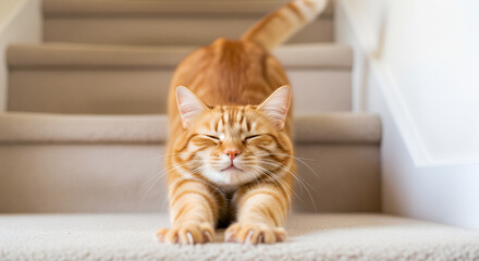 Cute Orange Tabby Cat Stretching Down on Carpeted Stairs