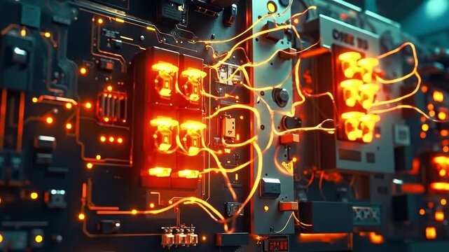 A close up of a circuit board with orange lights