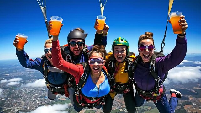 A group of people holding up beer glasses in the air