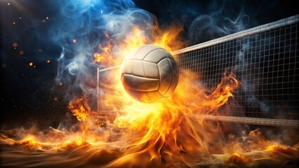 Fototapeta premium Fiery Volleyball Action A Ball of Fire Soars Towards the Net in a Dramatic Display of Athletic Intensity