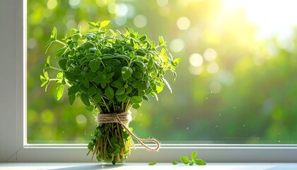 Fresh herb bundle against bright sunlight