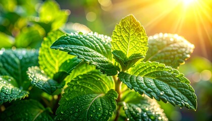 Fresh green mint plant with sunlight