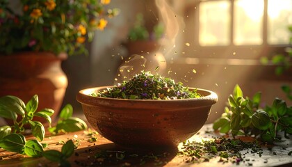 Fresh herbs and steam over wooden bowl