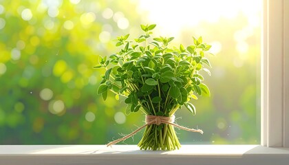 Fresh herbs bouquet on a sunny window