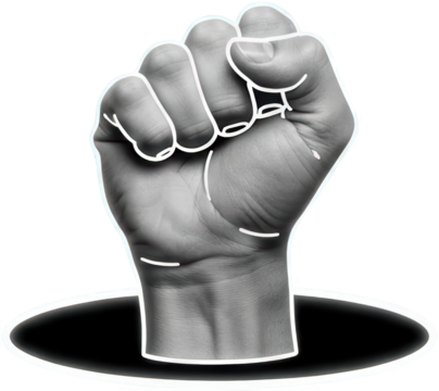 A clenched fist emerges from a black void outlined with white Powerful hand gesture representing strength and determination Symbol Protest Rebellion Resistance