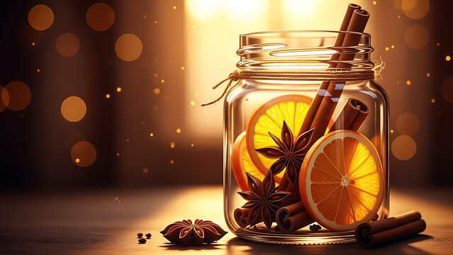 A glass jar filled with orange slices cinnamon sticks and star anise on a warm background bokeh lights