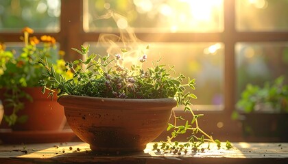 Fresh herbs in sunlight on window sill