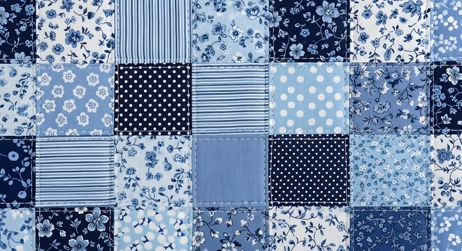 Blue patchwork quilt fabric texture close up design handcrafted textile material with various patterns floral polka dots stripes checks in different shades of blue