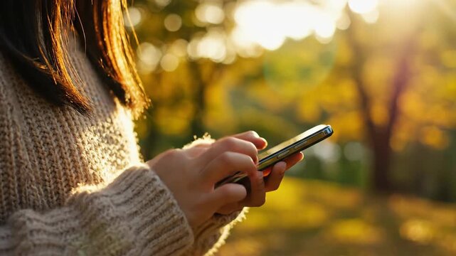 Woman Using Cellphone in Autumn Park During Golden Hour