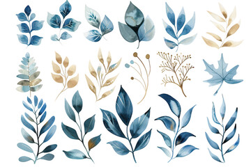 A collection of beautifully illustrated blue and beige leaves arranged in an artistic pattern. various shapes and sizes. ideal for nature-themed designs and backgrounds