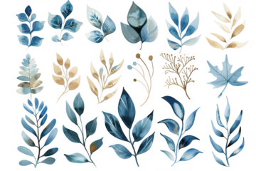 A collection of beautifully illustrated blue and beige leaves arranged in an artistic pattern. various shapes and sizes. ideal for nature-themed designs and backgrounds
