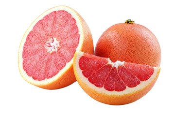 A display of a whole grapefruit alongside a freshly cut half. its juicy pink flesh and textured rind. ideal for culinary uses or healthy lifestyle imagery