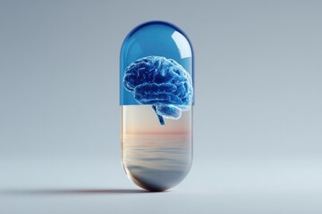 3D capsule with glowing brain inside medical neuroscience concept