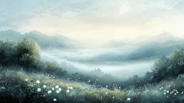 A serene, misty landscape painting of rolling hills and mountains shrouded in fog, with a foreground of wildflowers and grass, and birds flying in the distance, - Powered by Adobe