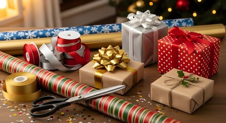 Holiday Gifts Preparation with Wrapping Paper Ribbon and Scissors on Wooden Table Top Preparing Presents Presents Preparation and Gift Wrapping for the Festive Season