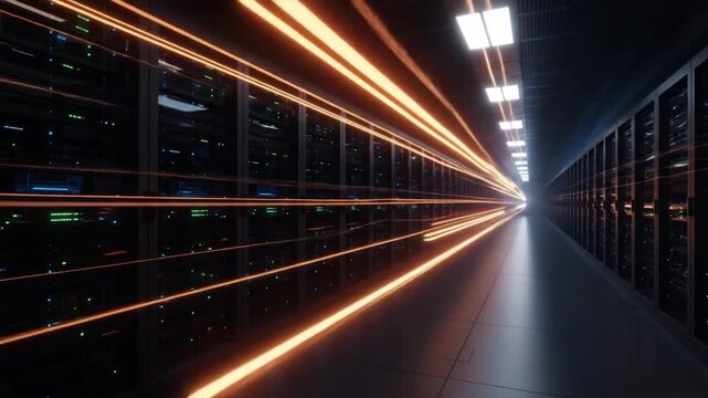 Digital stream of light data streaks through a dark, high-tech server room corridor