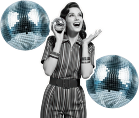 A jubilant retro woman in a striped jumpsuit holds a small disco ball while two large disco balls reflect light suggesting a festive celebration Party