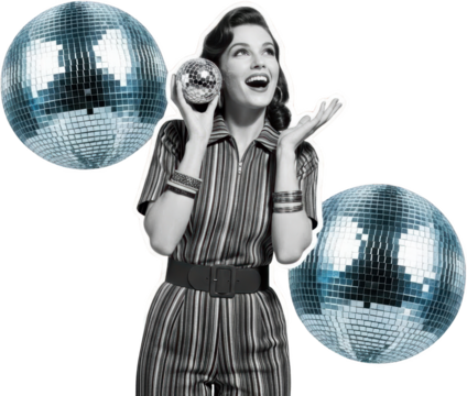 A jubilant retro woman in a striped jumpsuit holds a small disco ball while two large disco balls reflect light suggesting a festive celebration Party