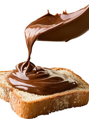 A spoonful of rich chocolate spread being generously poured onto a slice of toasted bread. highlighting the creamy texture and deliciousness. perfect for breakfast or dessert