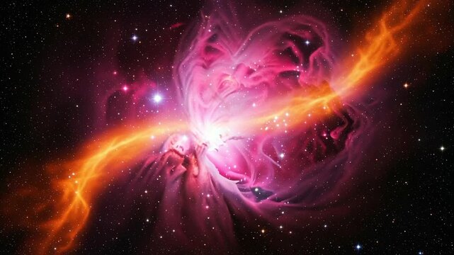 Stunning cosmic nebula with a bright central star and powerful orange energy jets streaming through space.